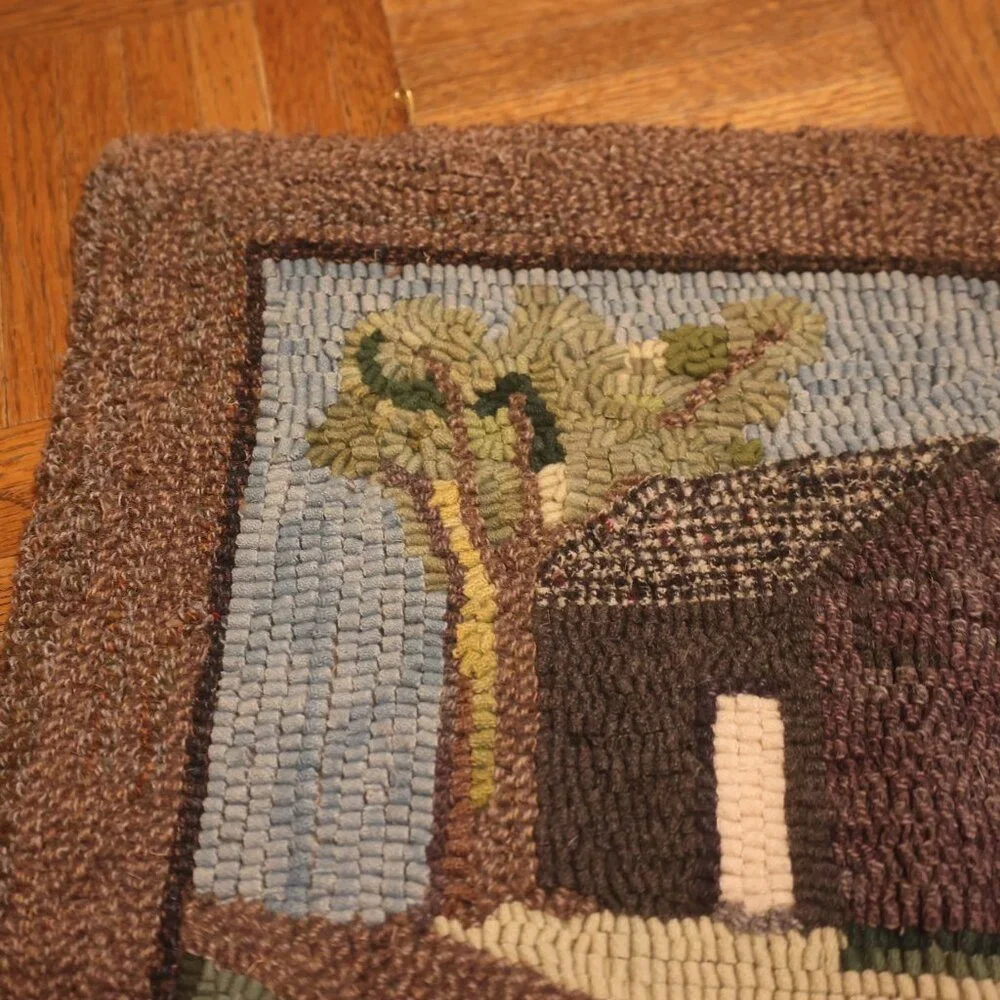 VINTAGE Hand Hooked Rug HOME House Man Cat Animals Primitive Folk Art Americana